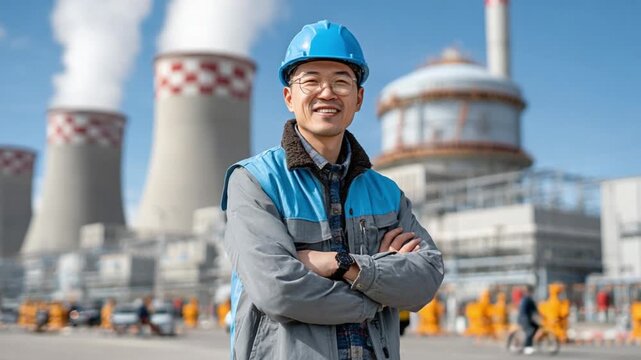 Industrial Engineer: A skilled industrial engineer, proudly stands before an industrial facility, embodying competence and expertise in the field. It showcases technical expertise, progress.