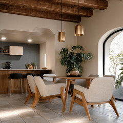 Fototapeta premium Modern dining room with wooden ceiling, beige armchairs, round table, pendant lights, and indoor plant, creating cozy, inviting atmosphere