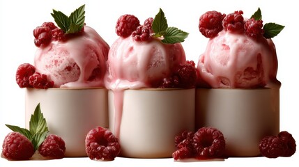 A visually delightful display of three scoops of raspberry ice cream, garnished with fresh raspberries and mint leaves, evoking a sense of summer freshness and indulgence.