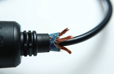 Close-up of damaged electrical cable showing frayed copper wires with exposed insulation. This represents a hazard or fault in appliances and technology, indicating potential danger and safety risks.