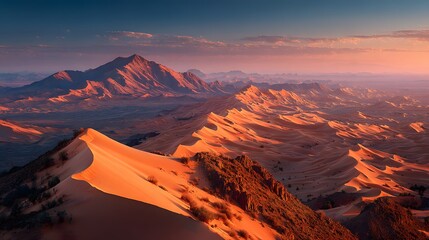 Breathtaking panoramic photograph of vast, rippling sand dunes in the Sahara desert during a golden sunset, creating long, dramatic shadows.