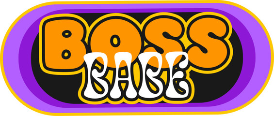 Boss babe Y2K groovy retro sticker, cool label. Vintage cute vector patch, retro funny Y2K sticker. 80s hippie funky label or 60s comic cartoon tag with colorful thick typography text