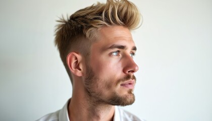 Obraz premium Profile close-up young man, stylish blonde hair, light skin, blue eyes, light stubble beard. Modern undercut hairstyle, clean sharp look. White background studio shot, casual attire.