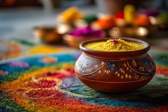 A traditional Pongal celebration with a decorated cly pot overflowing with swet rice, with blurred colorul rangoli patterns and tumeric leaves in the backgrund