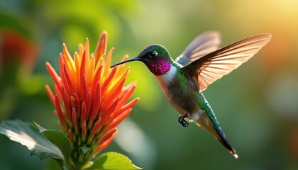 Fototapeta premium Hummingbird hovers near vibrant orange flower. Tiny bird with iridescent green feathers sips nectar. Delicate wings blurred by motion. Sunlight illuminates flora and fauna in garden habitat.
