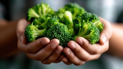 A close-up shot features hands gently cradling a bunch of fresh broccoli, symbolizing health, nourishment, and the importance of wholesome eating in daily life.
