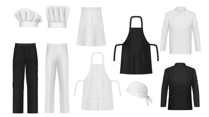 Realistic chef wear and toque hats, vector 3d cook uniform. Black and white restaurant chef kitchen aprons, jacket and pants suits, hats and bandana. Restaurant staff wear, baker and butcher uniform