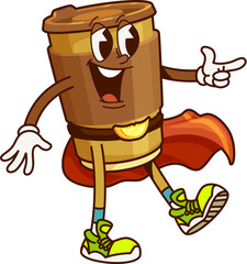 Cartoon groovy superhero coffee cup character with retro sneakers and red cape, full of energy and charm. Vector funky and playful hot drink defender y2k personage for cafes or takeaway beverage promo