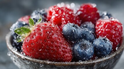 Fresh Mixed Berries with Water Droplets in a Rustic Bowl: Strawberry, Blueberries, and Raspberries, Healthy Eating, Close-Up