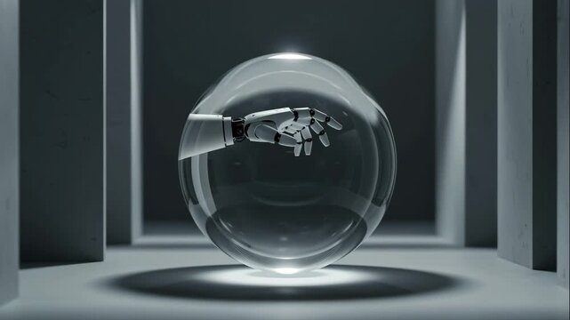 A minimalist gray futuristic room with a glass sphere in the center containing a movable robotic android arm. Concept of artificial intelligence and future technologies