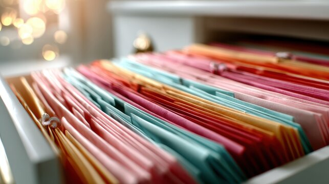 An inviting close-up view of an organized drawer filled with vibrant, color-coded folders suggesting efficiency and creativity, perfect for a workspace or study setting.