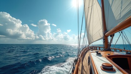 Fototapeta premium Sailboat glides across open ocean on clear sunny summer day. Experience travel, adventure on water. Enjoy vast blue seascape, wind in sails, bright sunlight. Perfect for vacation, leisure, nautical