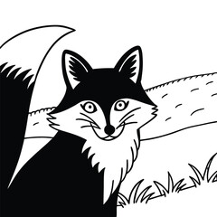 Fototapeta premium Cartoon Fox Illustration Vector | Black and White Fox in Field