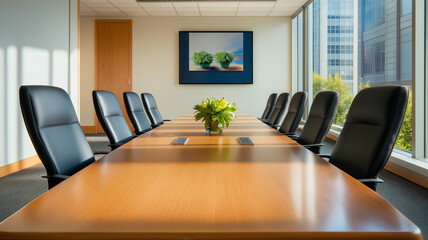 Modern conference room with black leather chairs and wooden table, natural light from large windows, green plant centerpiece, and cityscape view outside