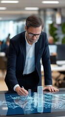 Architect using digital stylus to design futuristic smart city with holographic buildings on interactive touchscreen in modern office