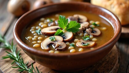 Hearty mushroom barley soup served in brown bowl. Warming savory dish with barley grains, sliced mushrooms, and parsley garnish. Delicious comforting meal perfect for winter lunch or dinner.