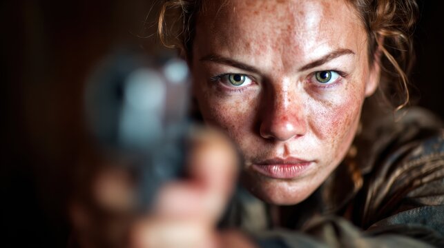A determined woman aiming a handgun with focus and intensity, portraying strength and resolve in a dramatic moment that highlights empowerment and courage in challenging situations.