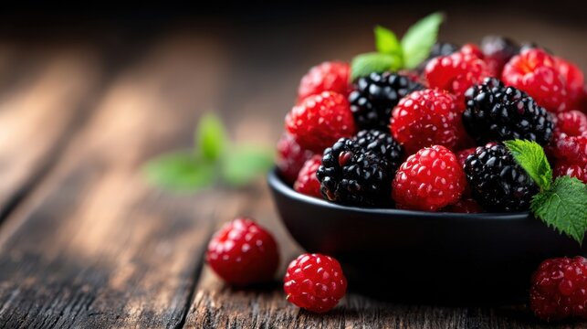 A vibrant bowl filled with ripe raspberries and blackberries, showcasing their rich colors and inviting appearance on a rustic wooden surface.