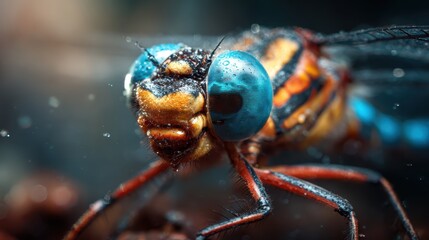 A mesmerizing close-up image of a colorful dragonfly showcases intricate details of its wings and vivid colors, capturing the beauty and fragility of nature's creatures.