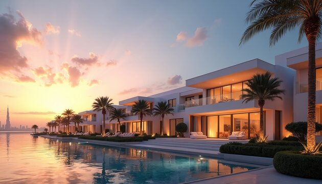 Palm villas glow in radiant night scene with Dubai skyline. Modern luxury architecture on artificial island waterfront. Exclusive property development with illuminated windows, pools. Wealth, glamour