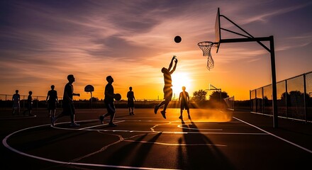 Dynamic street basketball action with friends silhouetted at golden hour