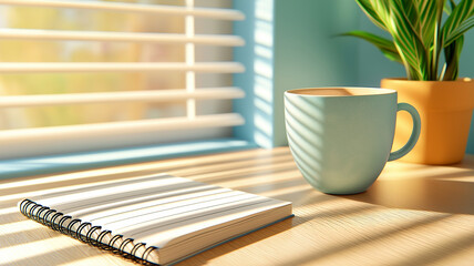 Morning sunlight casts soft shadows on tidy wooden desk with closed spiral notebook, ceramic coffee cup, and potted plant, creating calm and inviting workspace atmosphere