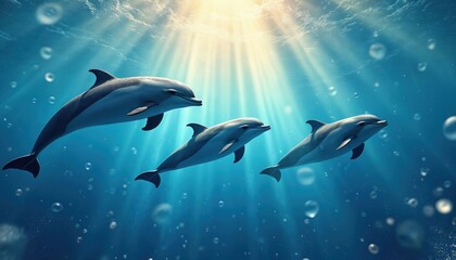 Fototapeta premium Three dolphins swim together in clear blue ocean water. Sunlight shines from above, illuminating bubbles, creating sunbeams through water. Peaceful underwater scene captures marine life, joyful