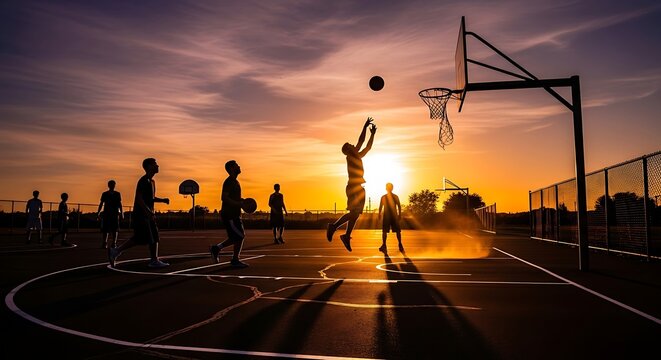 Dynamic street basketball action with friends silhouetted at golden hour