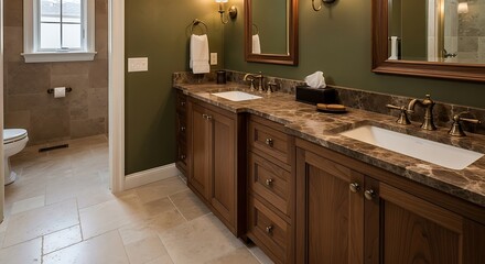 Elegant Bathroom Interior with Dark Green Walls, Marble Countertops, and Natural Light.