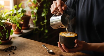 Close-up of a barista's hands skillfully pouring steamed milk to craft a beautiful latte art design