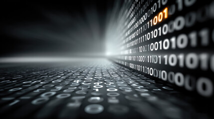 Binary code background with glowing numbers, digital data stream, abstract technology, futuristic, black and white, high contrast, dynamic light