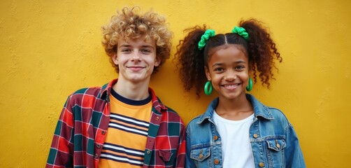 Two smiling teenagers, boy with curly blonde hair, girl with dark curly hair in ponytails, stand against vibrant yellow wall. Boy wears plaid shirt over striped tee, girl sports denim jacket, large