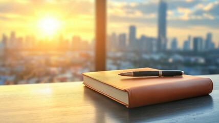 Leather notebook with pen on wooden table by window overlooking city skyline at sunset, creating warm and peaceful atmosphere for writing or reflection