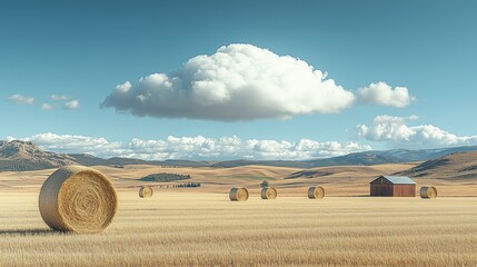Rural Landscape with Hay Bales and Fluffy Clouds
