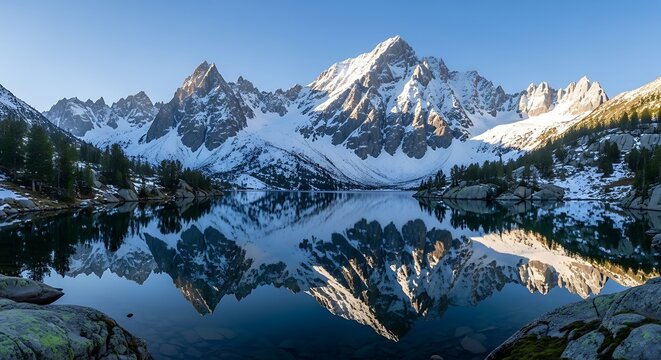 Majestic snow capped mountain range reflected perfectly in a calm alpine lake at sunrise