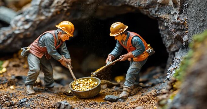 Miniature gold miners in a cave.