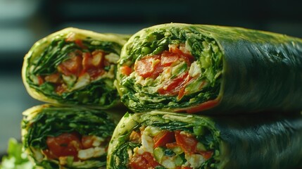 Freshly made wraps filled with vegetables and turkey, stacked neatly for healthy meal option. Perfect for lunch or snack, these wraps are both nutritious and delicious.