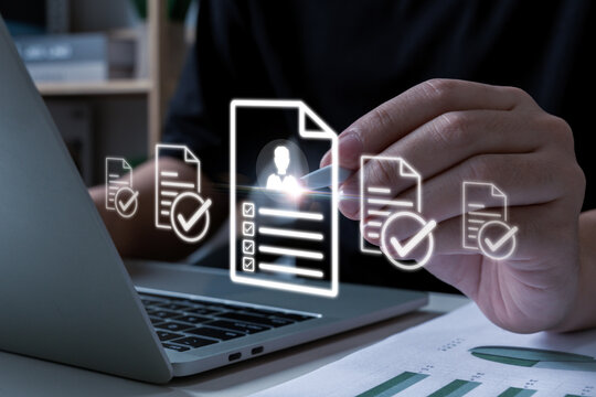 Contract Renewal. business people searching for employee on digital document on laptop computer, job interview, file management, digital marketing, human resource management technology concept