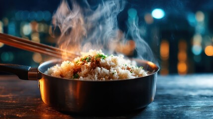 A tantalizing view of freshly cooked rice steaming in a pan, showcasing culinary art and the joy of home cooking in a contemporary kitchen setting.