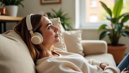 Young woman wearing wireless headphones enjoying audio tracks. Lifestyle material for world music day and international blues celebration promotions. Mindful joy and celebration of blues sounds.