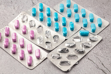 Variety of medicines and drugs.Medicine and healthcare concept.Variety of medicines and drugs.Medicine and healthcare concept.Pill for the prescription and treatment various diseases chemistry