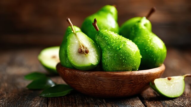 A vibrant display of fresh green pears glistening with drops of water in a rustic wooden bowl, showcasing their freshness and inviting nature for fruit lovers. - Powered by Adobe