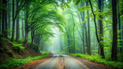 Forest Road Amidst Autumn Mists, green foliage