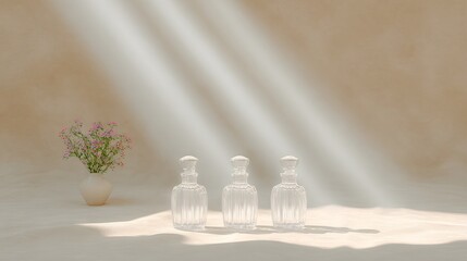 Three elegant glass perfume bottles arranged on a soft surface, illuminated by gentle rays of light, accompanied by a small vase of flowers, creating a serene and sophisticated atmosphere