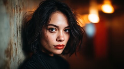 A striking portrait of a young woman illuminated by warm ambient light, creating a dramatic effect while revealing her captivating features and intriguing gaze.