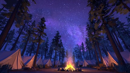 Fototapeta premium Cozy campfire at night with glowing embers, surrounded by tents under towering pine trees, starry night sky above creating a serene camping scene