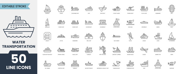 Water Transportation icon set in line style. Containing Container Ship, ferry, seaplane, cruise, boat, ship, diver and more.  Editable stroke. Vector illustration