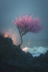Fototapeta premium Cherry blossom tree on a cliff by the ocean with crashing waves.