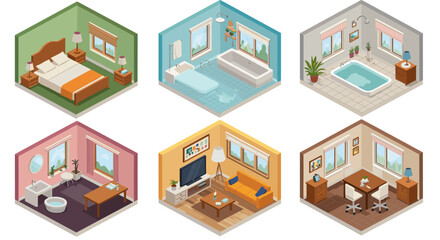 Isometric room set: cozy interiors of bedroom, bathroom, living room, and home office
