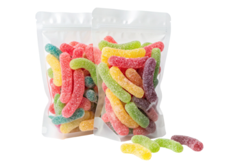 Colorful gummy worms in transparent packaging with sugar coating candy sweets in bright colors